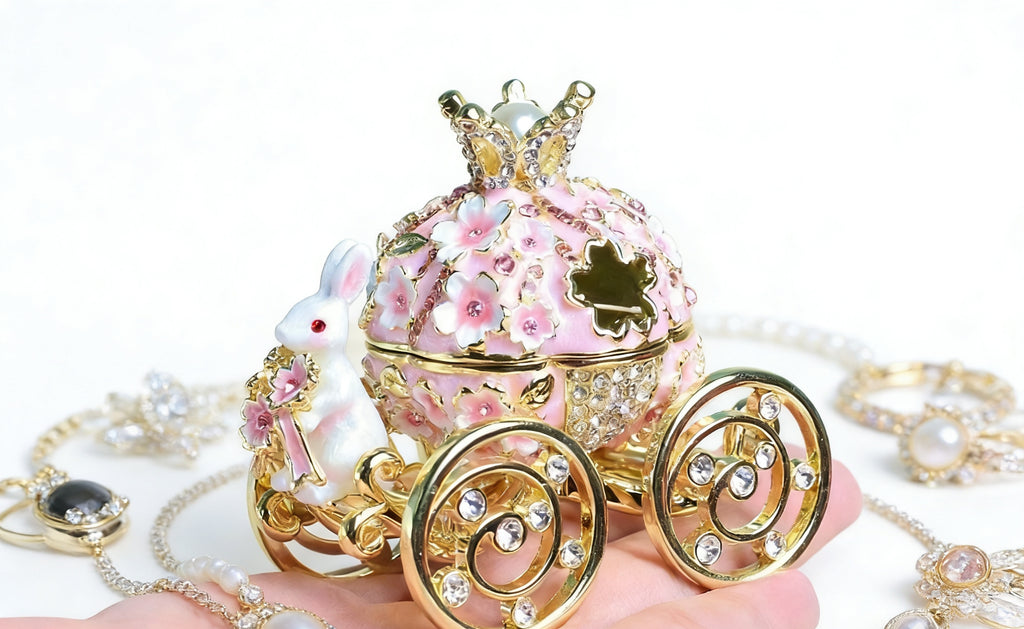 Alloy Girl Rabbit Carriage Cloisonné Enamel Craft Ring Necklace Jewelry Box Gift for Giving