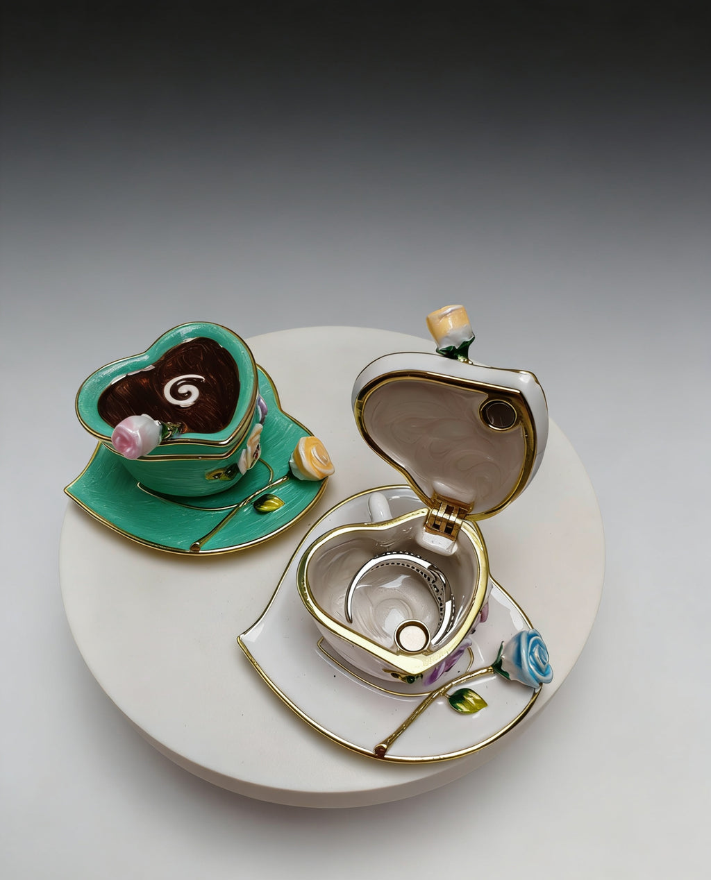 Heart-Shaped Coffee Cup Alloy Enamel Jewelry Box, Creative Ornament for Festivals, Anniversaries, and Valentine’s Day Gifts
