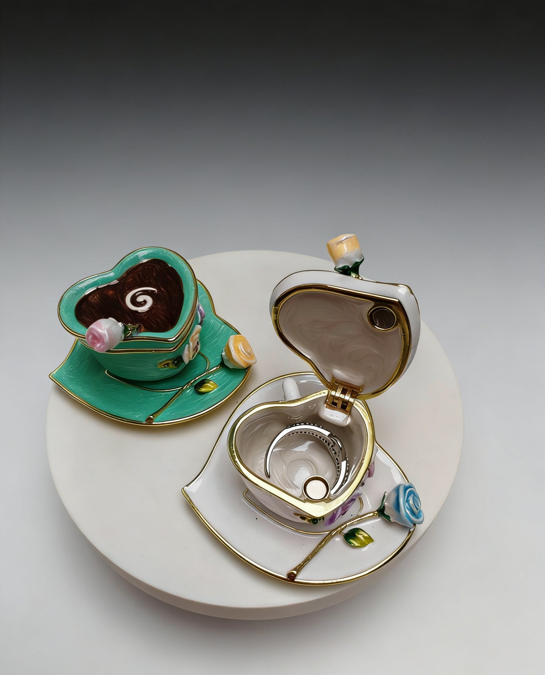 Heart-Shaped Coffee Cup Alloy Enamel Jewelry Box, Creative Ornament for Festivals, Anniversaries, and Valentine’s Day Gifts