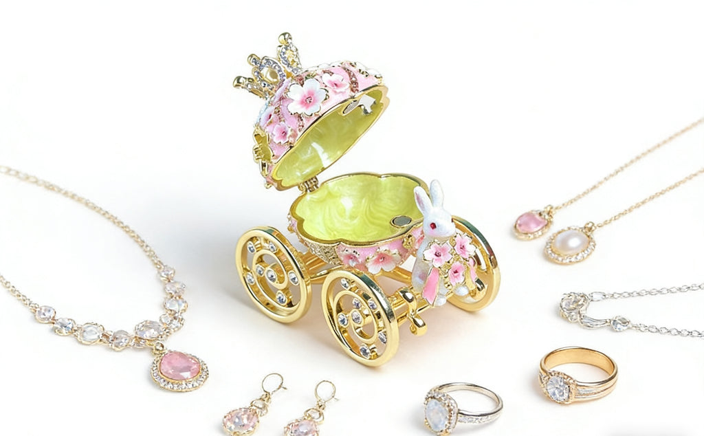 Alloy Girl Rabbit Carriage Cloisonné Enamel Craft Ring Necklace Jewelry Box Gift for Giving