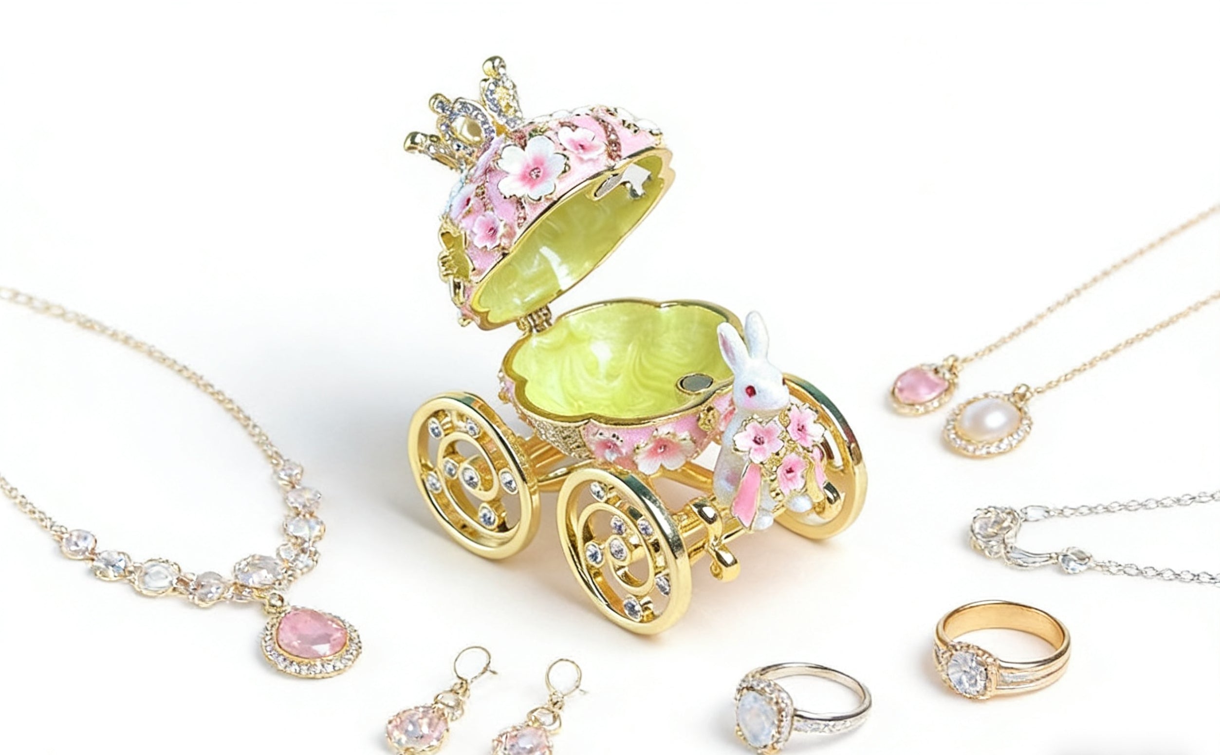 Alloy Girl Rabbit Carriage Cloisonné Enamel Craft Ring Necklace Jewelry Box Gift for Giving