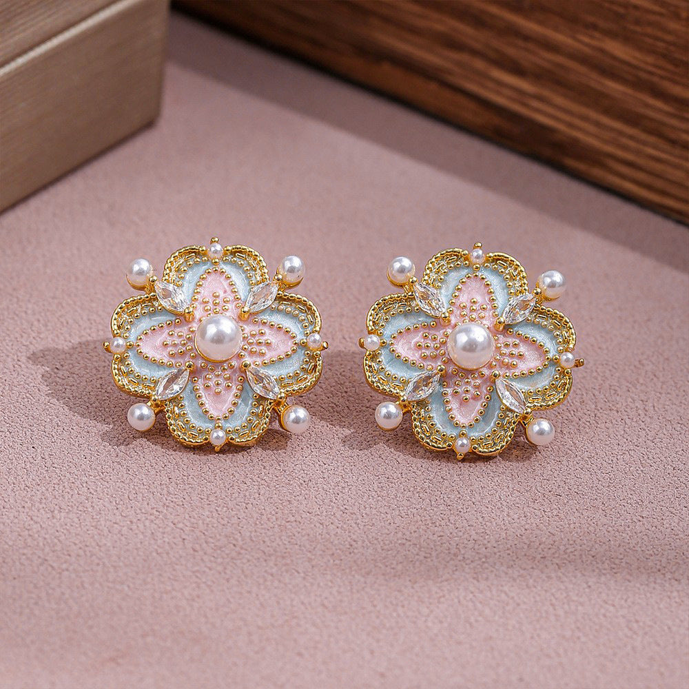 Emaille-Öltropfen-Blütenohrringe für Damen, neuer chinesischer Retro-Stil, hochwertige exquisite Perlenohrringe
