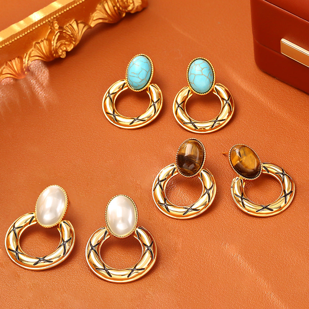 Vintage-style earrings with a high-end feel, fashionable, simple, and elegant, tiger eye stone jewelry, trendy