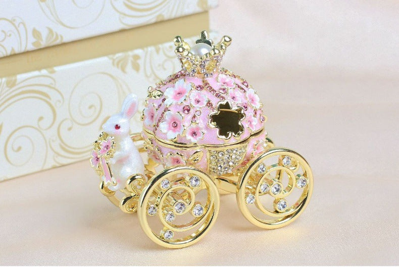 Alloy Girl Rabbit Carriage Cloisonné Enamel Craft Ring Necklace Jewelry Box Gift for Giving