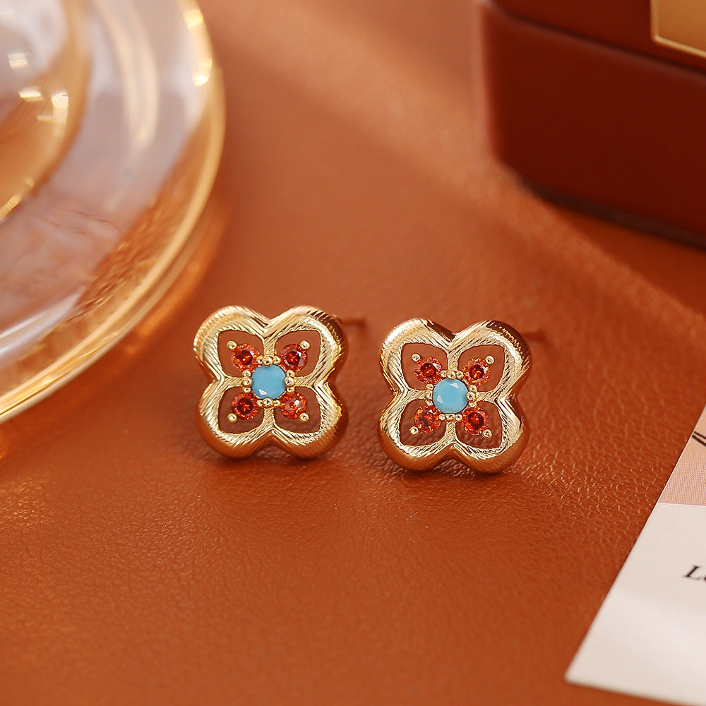 Kreatives Design Maillard-Stil Ohrringe, vierblättriges Kleeblatt Zirkon Öltropfen Ohrringe, High-End Fashion Nischen-Design Accessoires