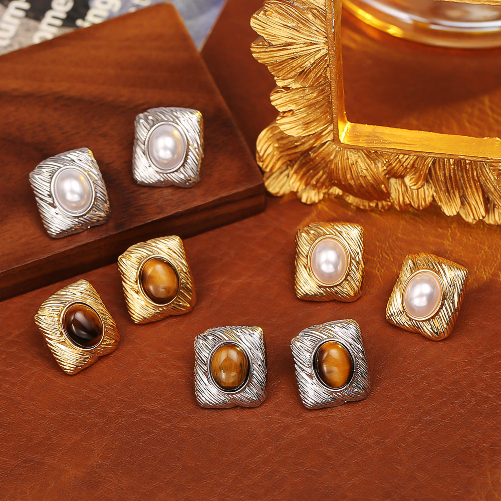 Ohrstecker im europäischen und amerikanischen Stil mit geometrischen Retro-Mellard-Tigerauge-Ohrringen, hochwertigem Schmuck, modischem Nischen-Silbernadel-Schmuck