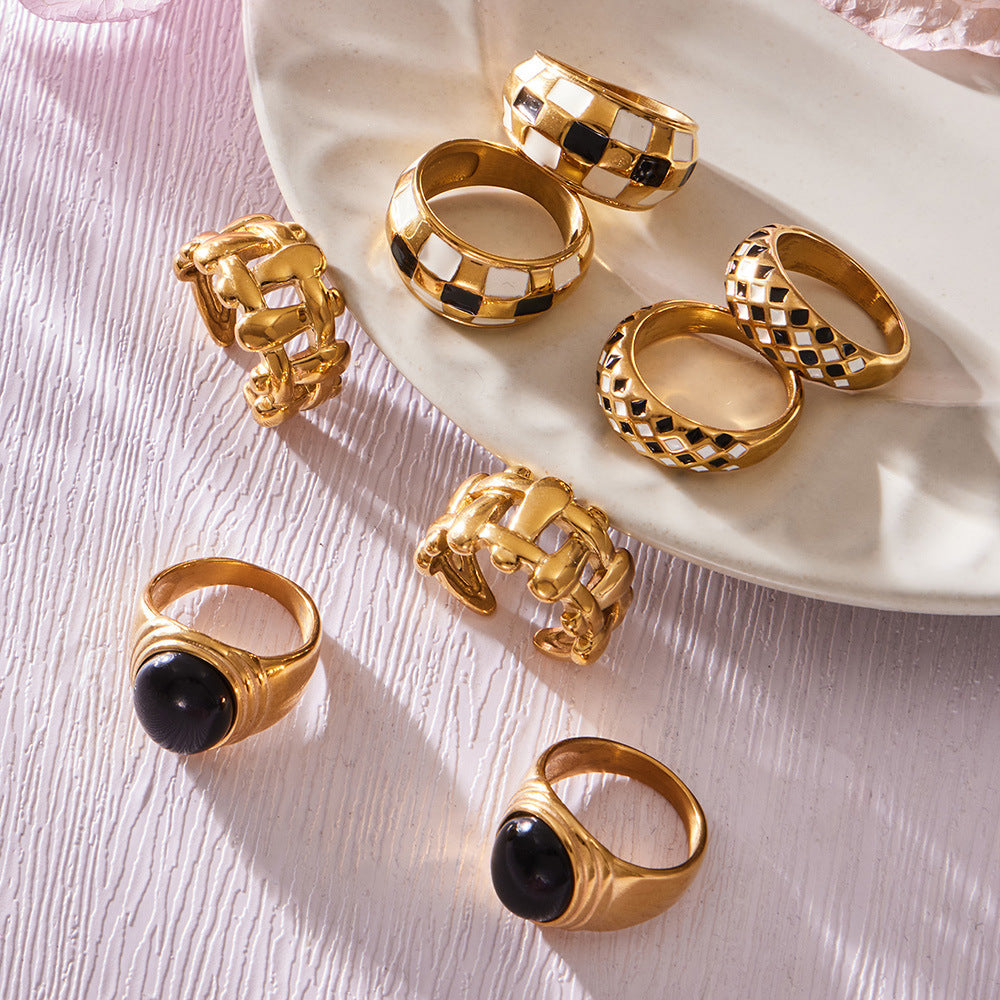Ring mit Schachbrettmuster, Öltropfen-Design und offener Form für den Zeigefinger, Vintage-Stil, stylischer und einzigartiger Edelstahlring